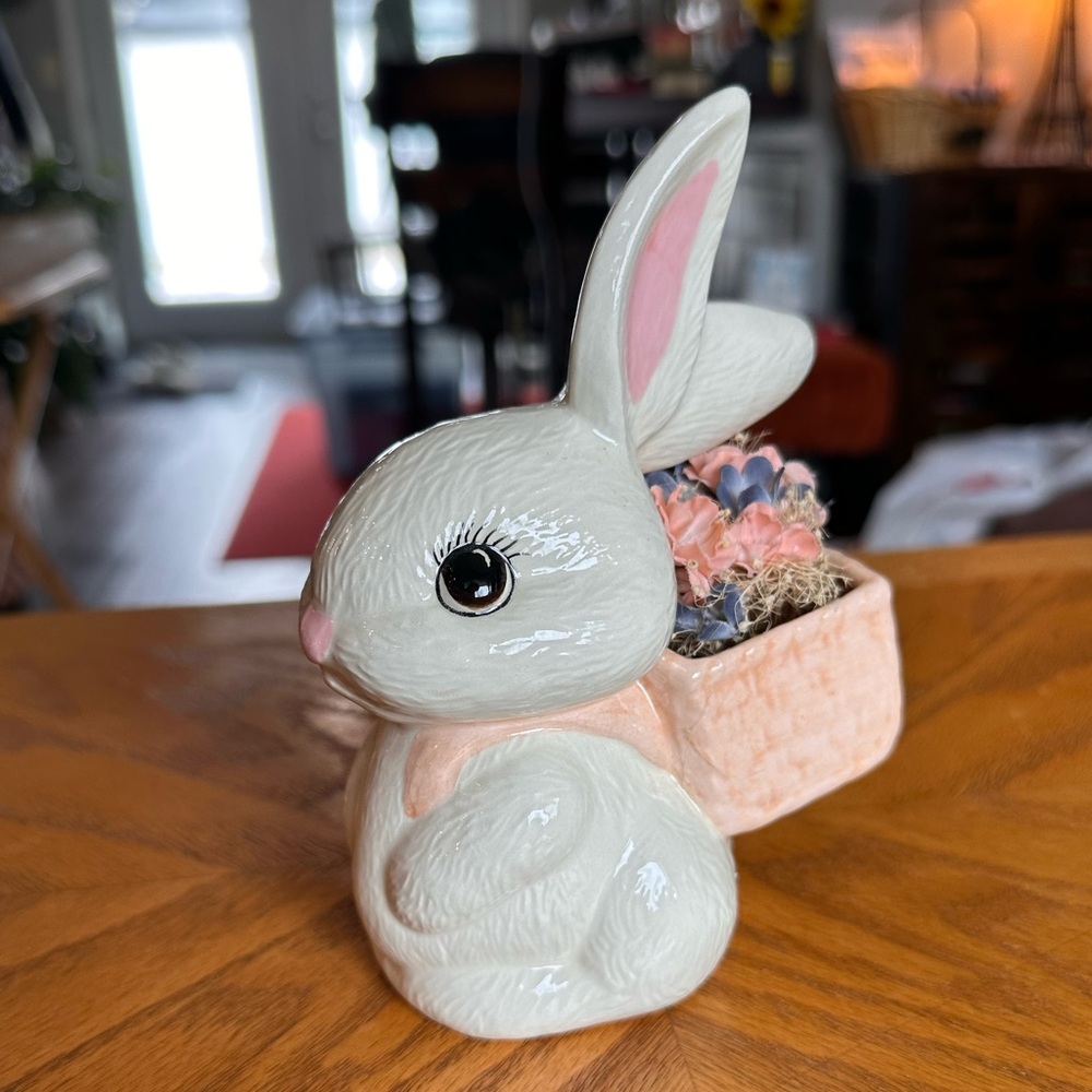 Ceramic Bunny Planter with Pink Accents